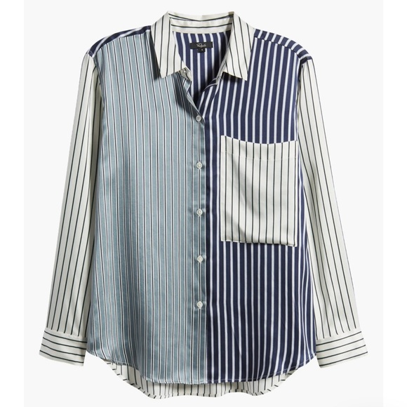 Rails Women’s XL Spencer Silk Shirt Kent Multi Stripe Blue White NWOT - Picture 1 of 13